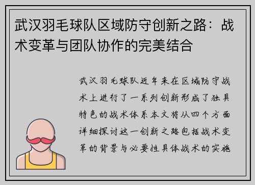 武汉羽毛球队区域防守创新之路：战术变革与团队协作的完美结合
